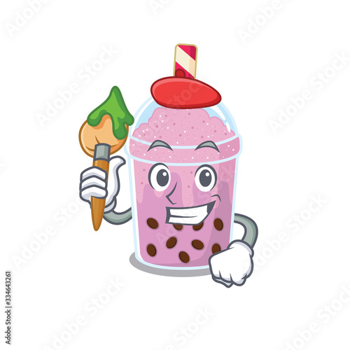 A creative taro bubble tea artist mascot design style paint with a brush