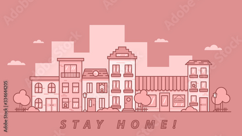 Stay home banner. People in windows staying home due to quarantine. Flat vector illustration.