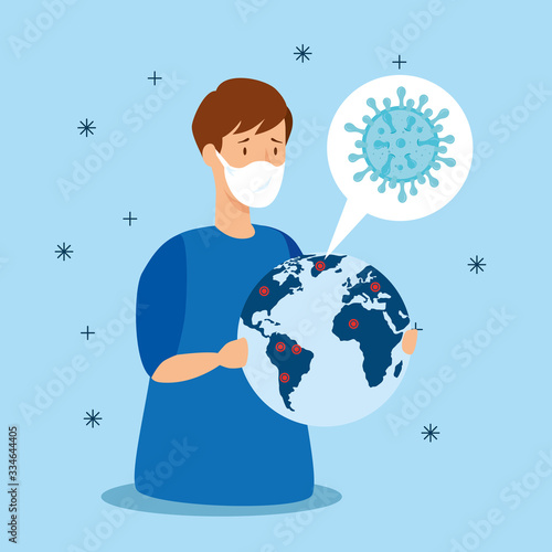 man sick of coronavirus 2019 ncov with world planet vector illustration design