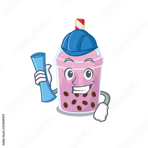 Cartoon character of taro bubble tea brainy Architect with blue prints and blue helmet