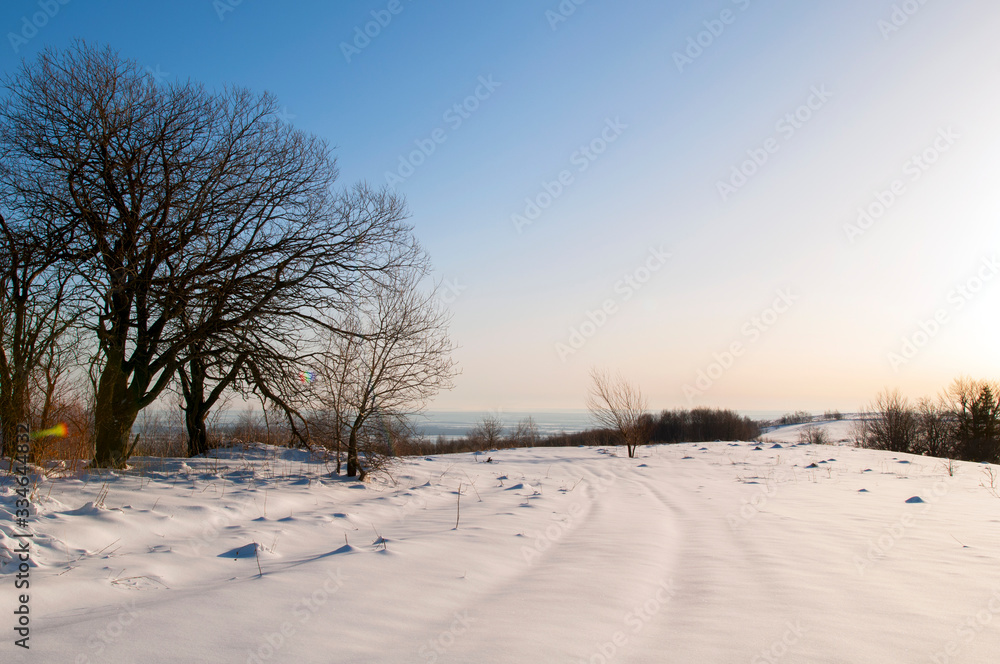 clearing in the winter mountains on a sunny day for outdoor activities and walks clearing in the winter mountains on a sunny day for outdoor activities and walks