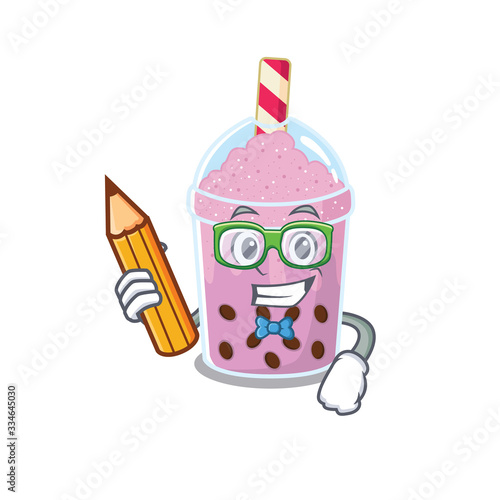 A brainy student taro bubble tea cartoon character with pencil and glasses