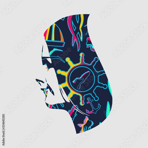 Silhouette of diver. Underwater world background. Double exposure portrait of young woman and diving icons. Marine life