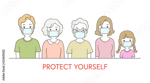 Draw big family wearing mask protection from Coronavirus.