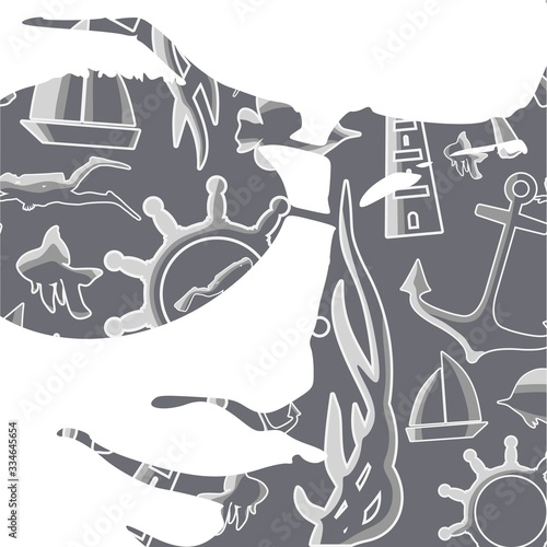 Double exposure portrait of young woman wearing sunglasses and diving icons. Marine life