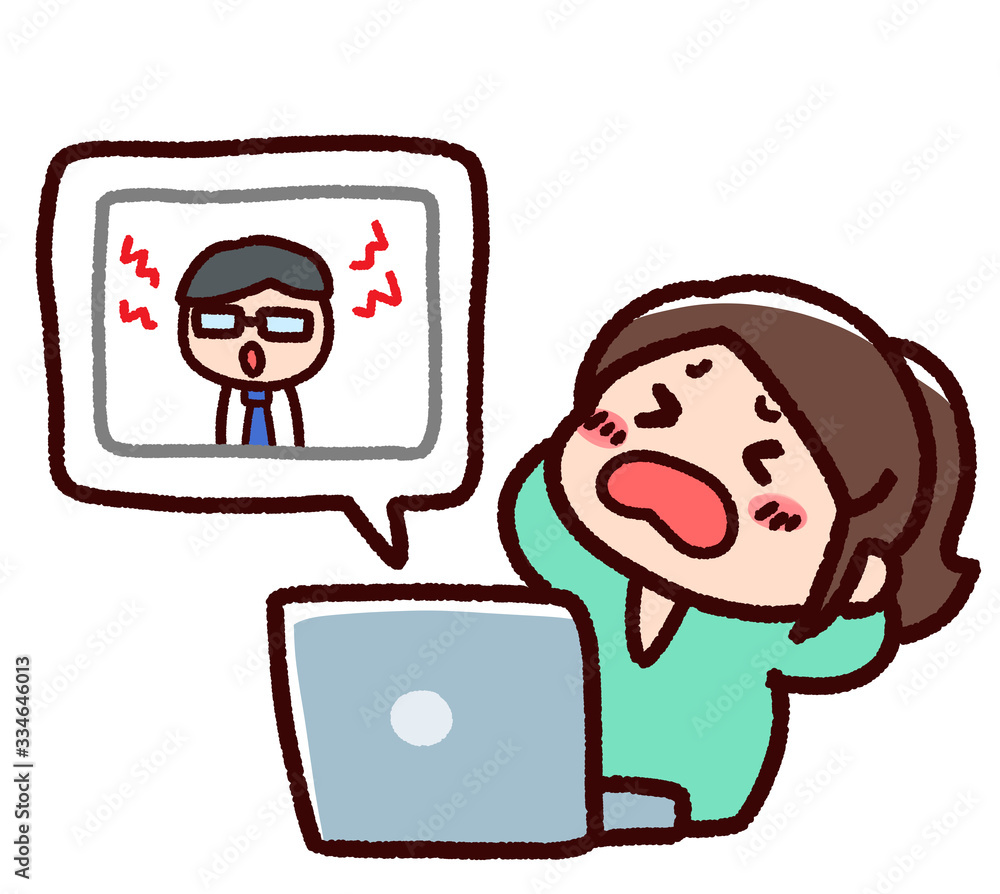 テレワーク　オンライン　仕事をする女性 イライラ