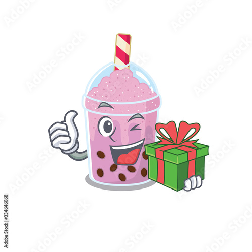 Smiling taro bubble tea cartoon character having a green gift box