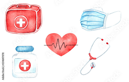 Medical equipment, watercolor illustrations. First aid kit, pulse, medical mask, stethoscope, tablets.