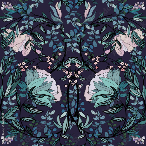 Seamless floral vector pattern with twigs and soft purple flowers of plants on a dark blue, indigo background. Symmetric ornament in the style of medieval tapestries and works of William Morris.