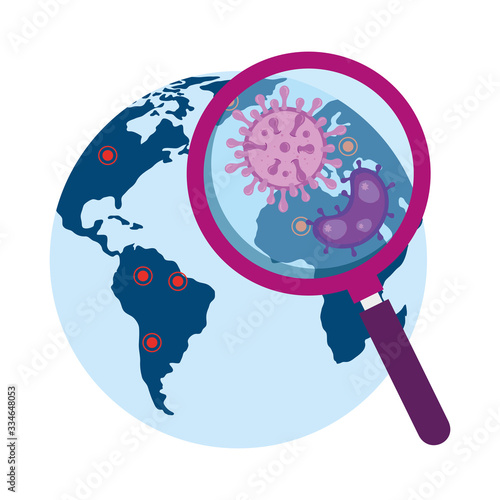 magnifying glass with particles covid 19 in world planet vector illustration design