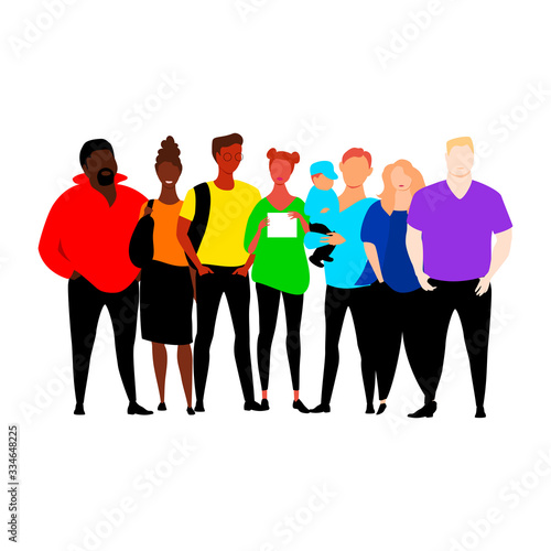 people of different races in colored clothing. wear the colors of the rainbow. vector illustration