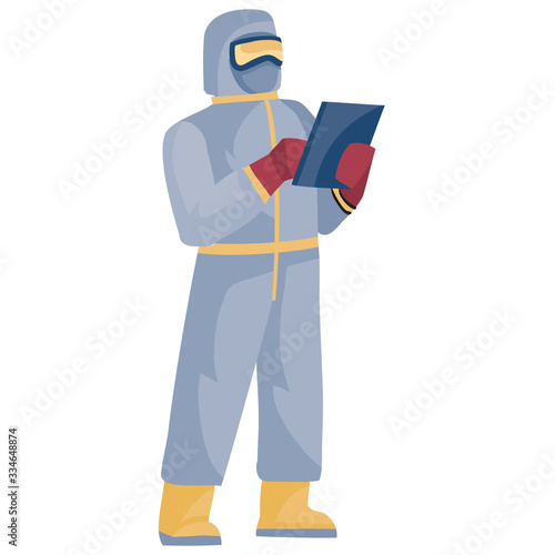 a man in a protective suit and mask looks at the evidence in the folder, pandemic, quarantine, isolated object on a white background, vector illustration, eps