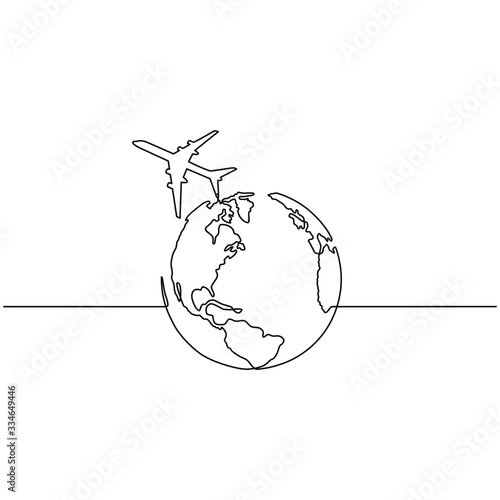 Continuous line drawing of airplane flying around the world. Business and tourism, airplane travel concept. Vector sketch illustration for print, web, mobile and infographics on white background.