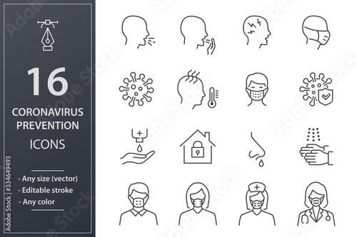 Coronavirus line icons set. Black vector illustration. Editable stroke.