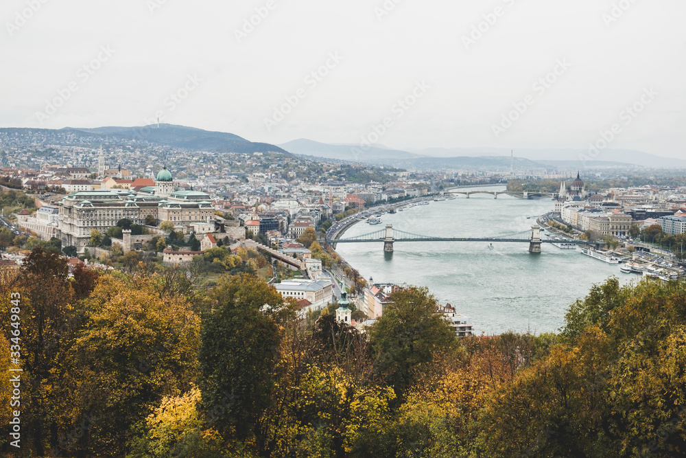 Autumn park on Gellert Hill and bank of Danube river. Budapset Hungary