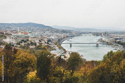 Autumn park on Gellert Hill and bank of Danube river. Budapset Hungary