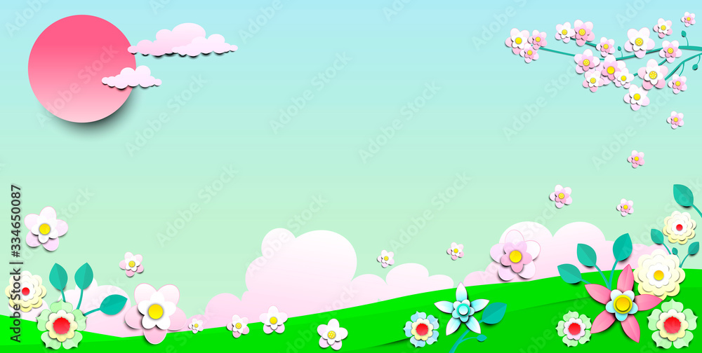 Spring summer sun flowers background.Summer background with flowers. The sun and clouds in the sky. Sakura blossom. Spring background 
