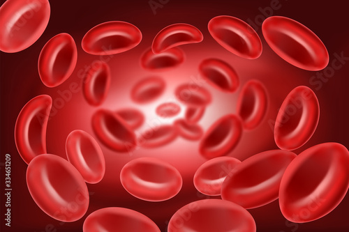 Flowing red blood cells, erythrocyte in blood vessels background, health care concept, vector illustration.