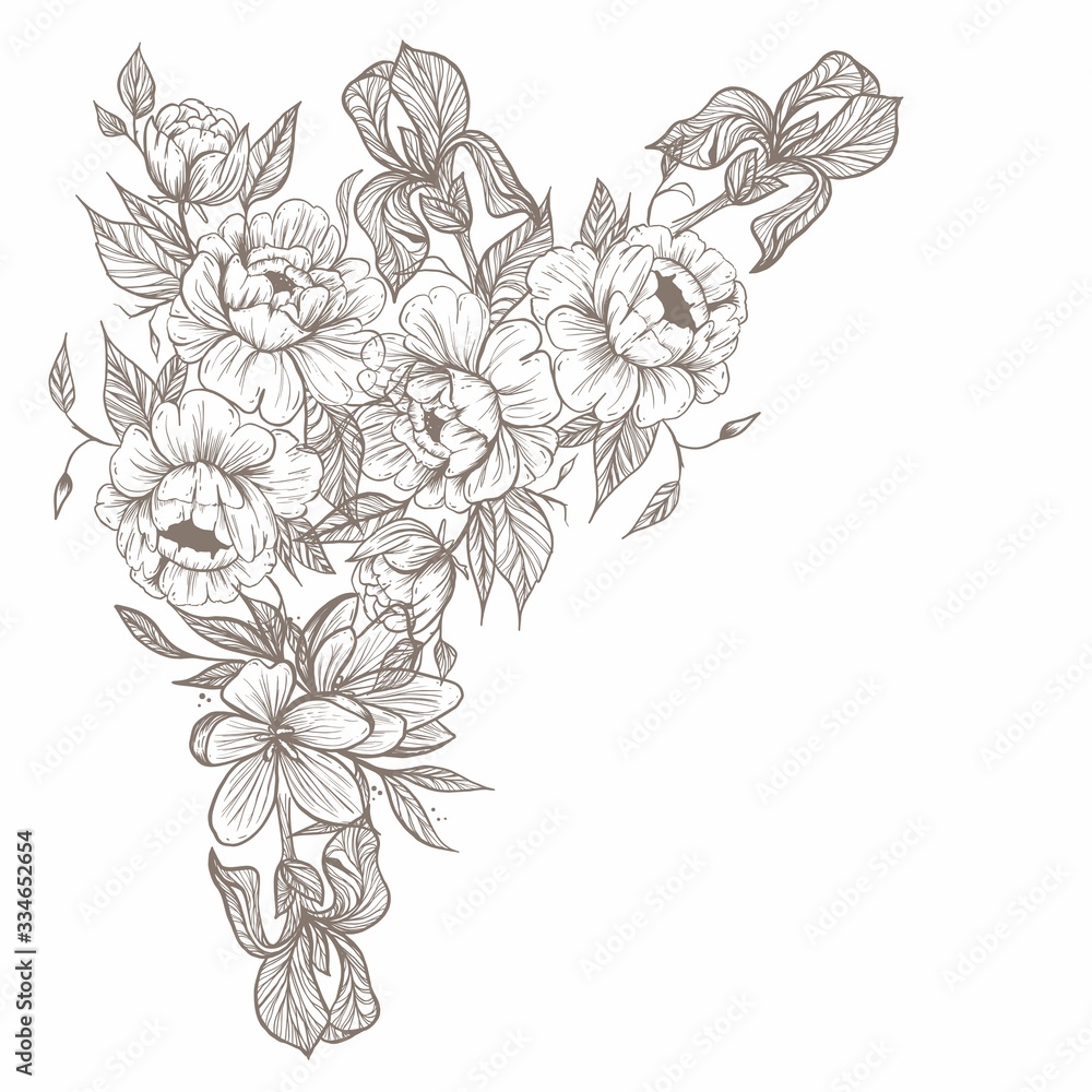 Graphic flowers. Peonies, irises. roses. Botanical composition for weddings, greeting cards. branch of flowers-abstract roses Graphic flowers. Peonies, irises. roses. Botanical composition for weddings, greeting cards. branch of flowers-abstract roses