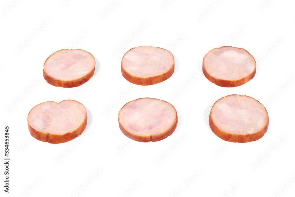 Slices of tasty chicken meat , isolated on white background Slices of tasty chicken meat , isolated on white background