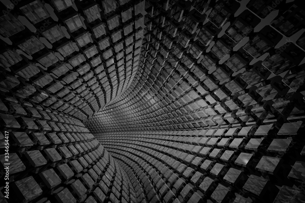 Abstract geometric black background with turning tunnel. 3d render Abstract geometric black background with turning tunnel. 3d render