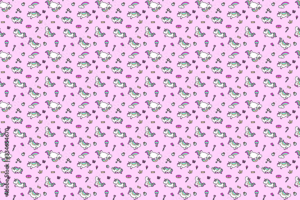 Cute unicorn seamless pattern on pink background.