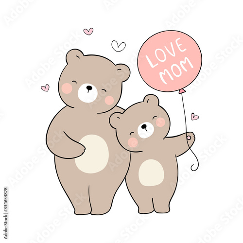 Draw mom bear and baby holding balloon For mother'day.