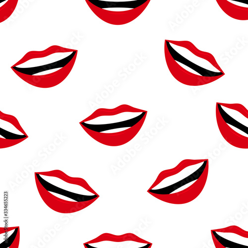 Red smile lips seamless pattern on white background.
