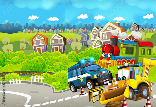 Cartoon funny looking train near the city with police car and excavator digger car driving and plane flying - illustration