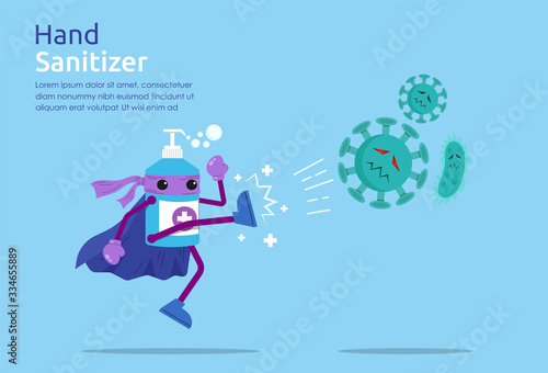 Funny cartoon character of hand sanitizer superhero with bubbles fight against outbreak viruses and bacteria. Power of cleansing agent concept for prevention and fight disease. vector illustration