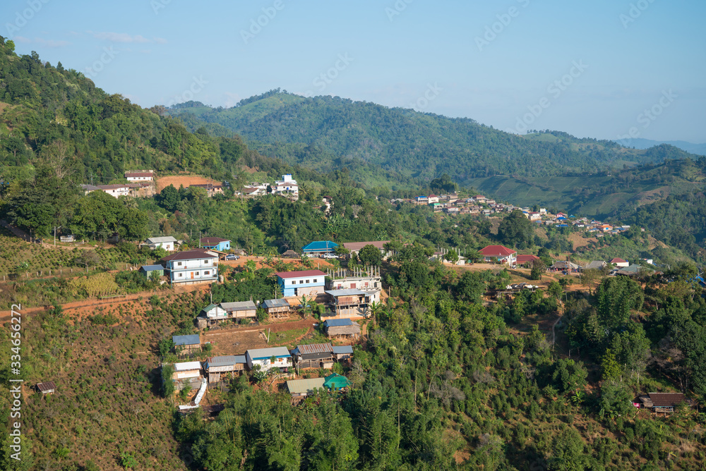 Beautiful valley on the top of mountain in doi Mae salong, Chiangrai Thailand in the morning - famous traveling destination in northern Thailand.