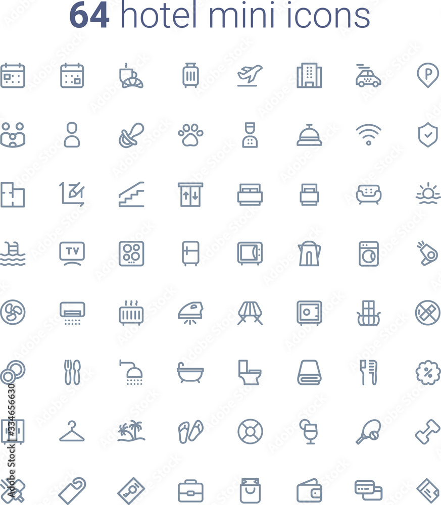 64 hotel vector thin line mini icons set. Thin line simple outline icons for mobile interface and web design 64 hotel vector thin line mini icons set. Thin line simple outline icons for mobile interface and web design