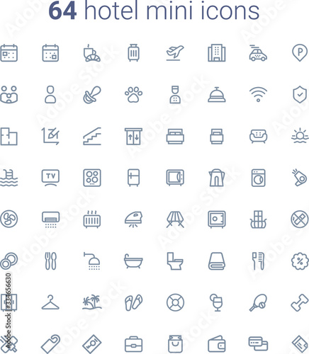 64 hotel vector thin line mini icons set. Thin line simple outline icons for mobile interface and web design