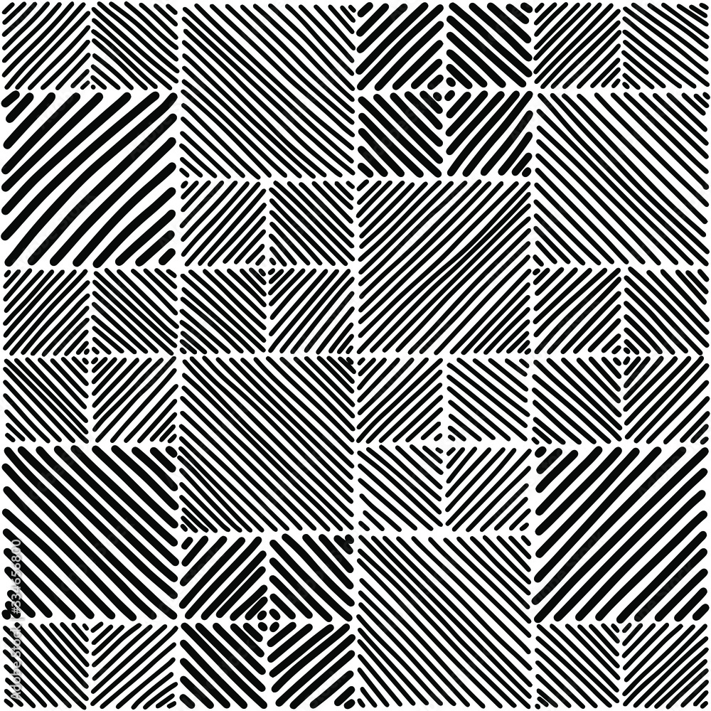 Black and white striped geometric ornaments seamless pattern. Hand draw illustration.