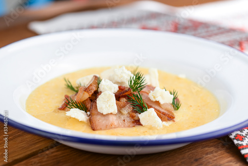 Vegetable and meat cream soup. Puree soup with meat and cheese and fresh organic dill.