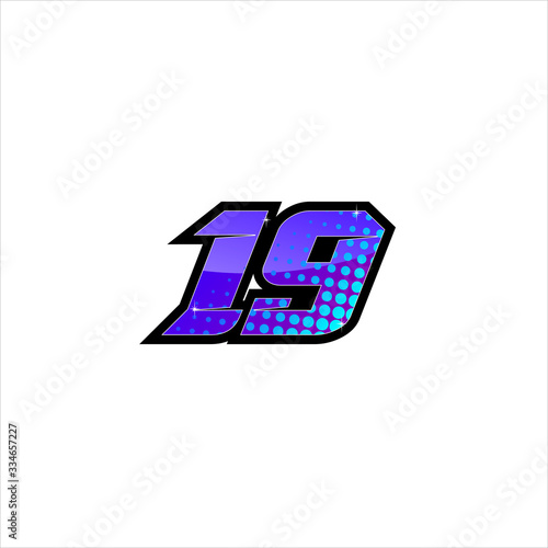 Vector Racing number 19, start racing number, sport race number with purple blue color and halftone dots style isolated on white background