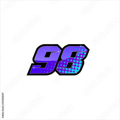 Vector Racing number 98, start racing number, sport race number with purple blue color and halftone dots style isolated on white background