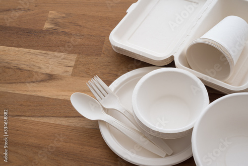 Natural eco-friendly disposable utensils (fork, spoon, dish plate, bowl, cup and fast food box container) made of fiber of bagasse and bamboo on wooden table background with copy space. Save the earth