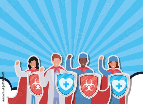 women and men doctors heroes with cape and shield against 2019 ncov virus vector design