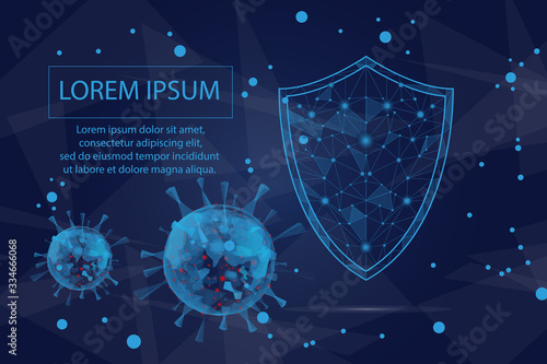 Virus protection, Coronavirus molecule, Polygonal security shield abstract image isolated on a blue background. Business concept illustration of data protection. Low poly wireframe, geometric triangle