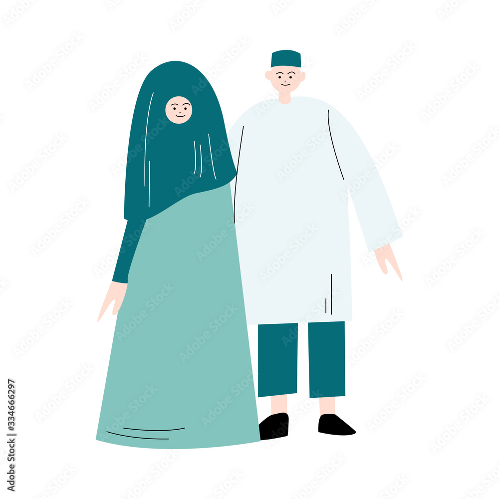 Muslim women and men couple in traditional clothing vector illustration