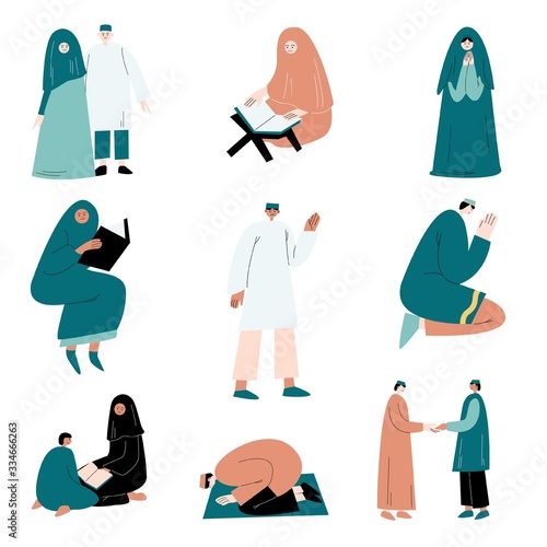 Set of muslim women and men in traditional clothing vector illustration