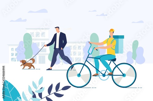 Free Food Delivery Express Service. Man Courier Riding Bicycle Carrying Fresh Healthy Set-Meal Basket. Meal Transportation by Ecological Transport. Shipping Snack to Home, Office, Picnic Anytime