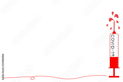 Vector - Red syringe with medicine or vaccine to killer or treatment Covid-19, Coronavirus. Simple border. Copy space for any text design.