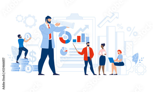Multi-Ethnic Team Certified Auditor Doing Research. Man and Woman Character Analyzing Graph and Chart Financial Audit Statistic Report. Leadership and Successful Business. Vector Illustration