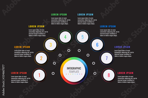 business infographic template with eight white round realistic elements on a black background. modern vector data visualisation with textboxes. easy to edit and customize. eps10
