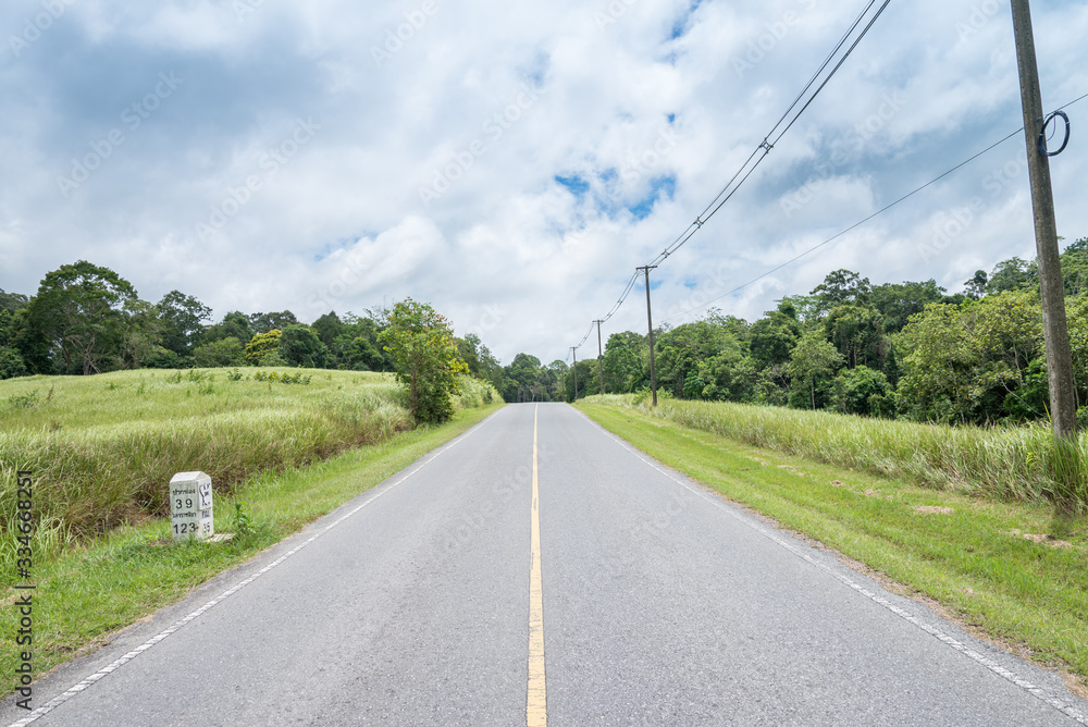 Asphalt road on beautiful tropical rainforest in Khao Yai national park, Thailand - Travel holiday and save environmental concept. Asphalt road on beautiful tropical rainforest in Khao Yai national park, Thailand - Travel holiday and save environmental concept.
