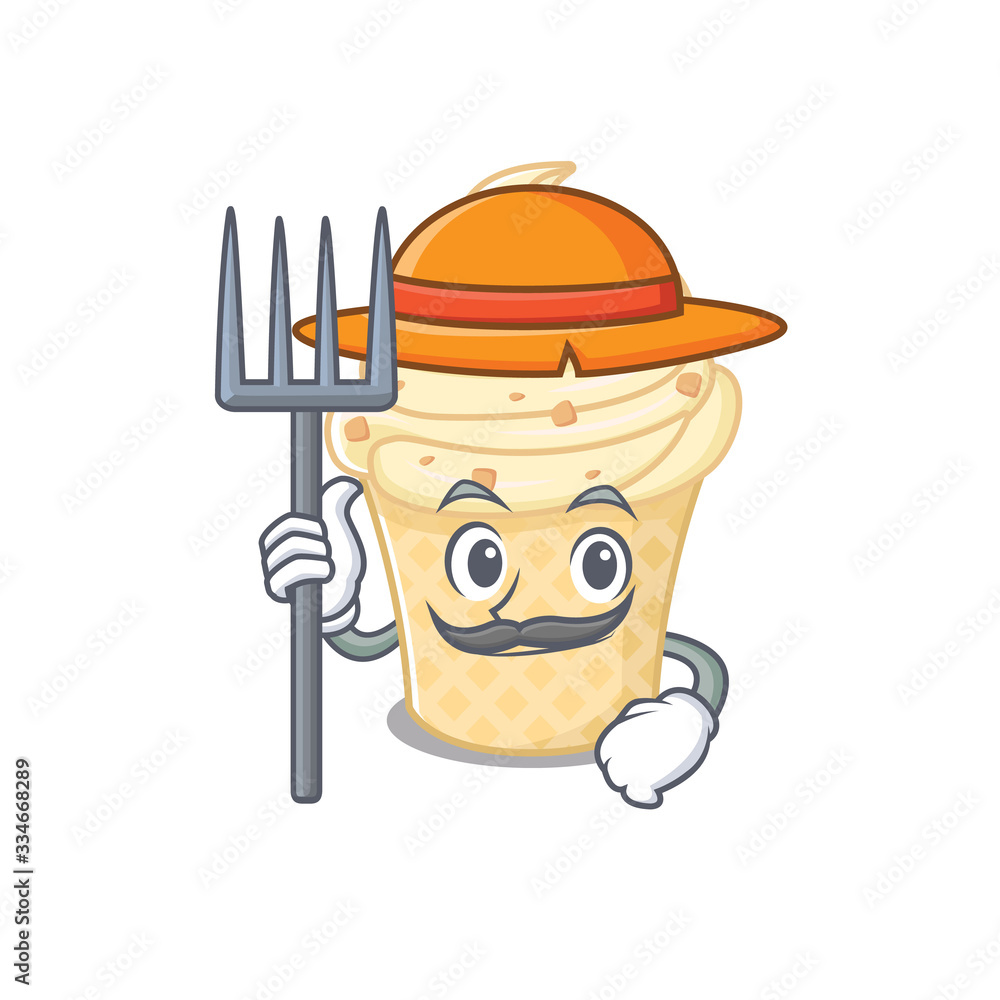 Cartoon character design of vanilla ice cream as a Farmer with hat and pitchfork