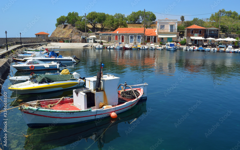 Molyvos Harbor with it's fishing boats on the northern coast on Lesvos Island Greece
