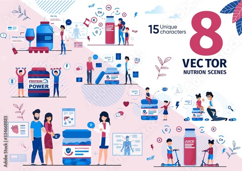 Food Supplements and Vitamins for Senior People, Athletes and Children Flat Vector Scenes Set. Doctor Recommending Vitamins and Minerals to Senior Man, and Kids, Proteins for Sport Illustrations